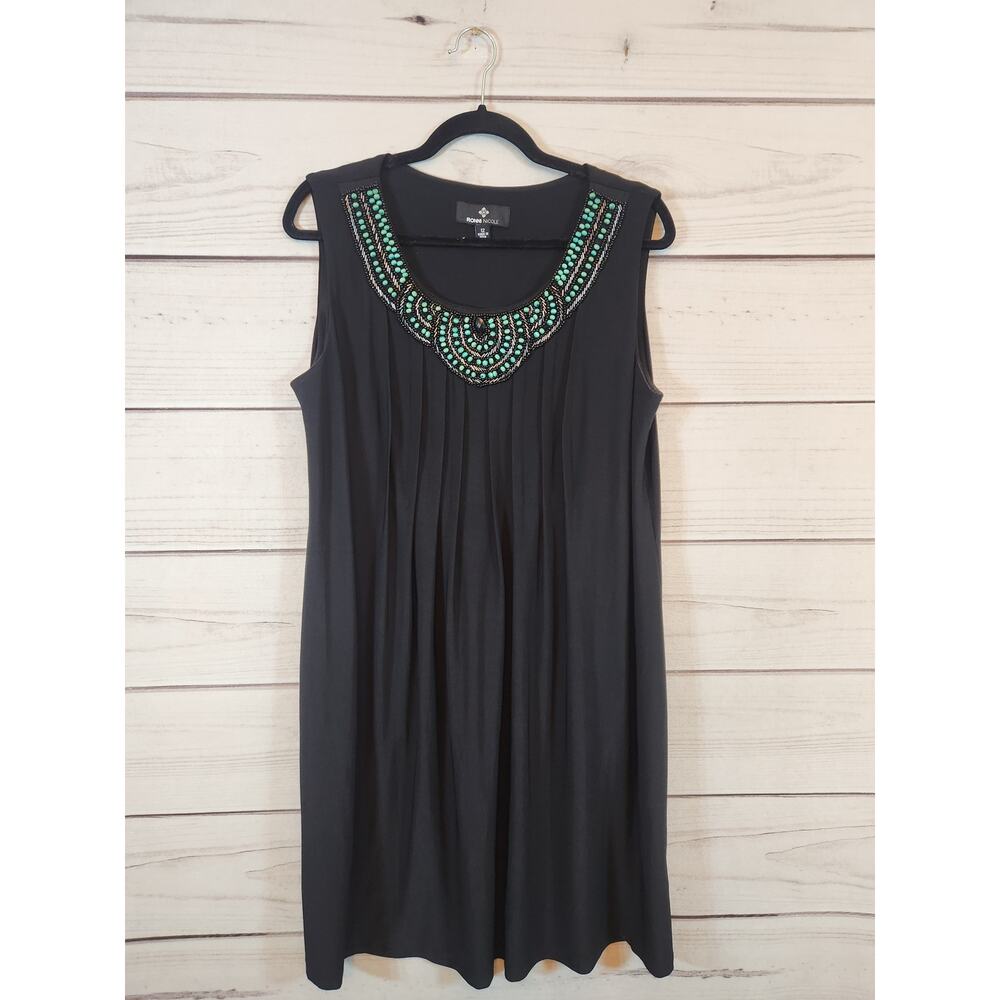 RONNIE NICOLE Women's Black Stretch Tribal Beaded Scoop Neck Shift Dress Size 12